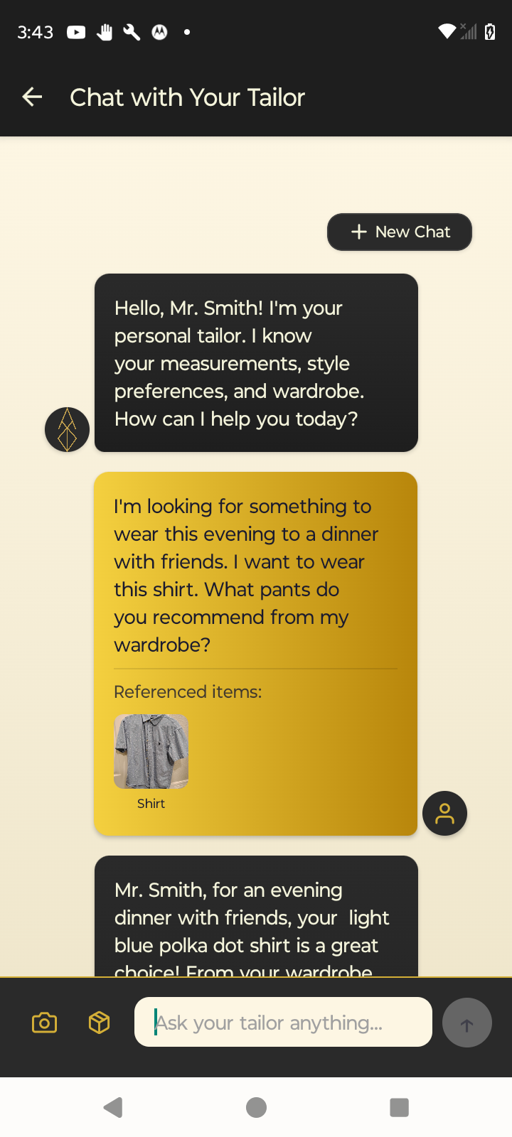 GAUGE AI tailor chat interface showing conversation with personal tailor for style advice and outfit recommendations