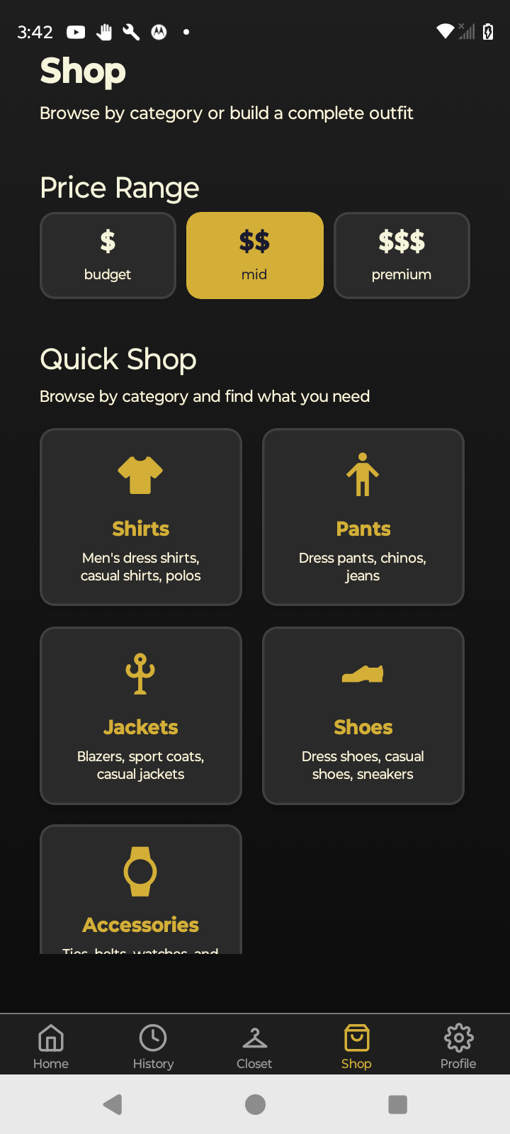 GAUGE shopping screen showing price range selection and quick shop categories for shirts, pants, jackets, shoes, and accessories