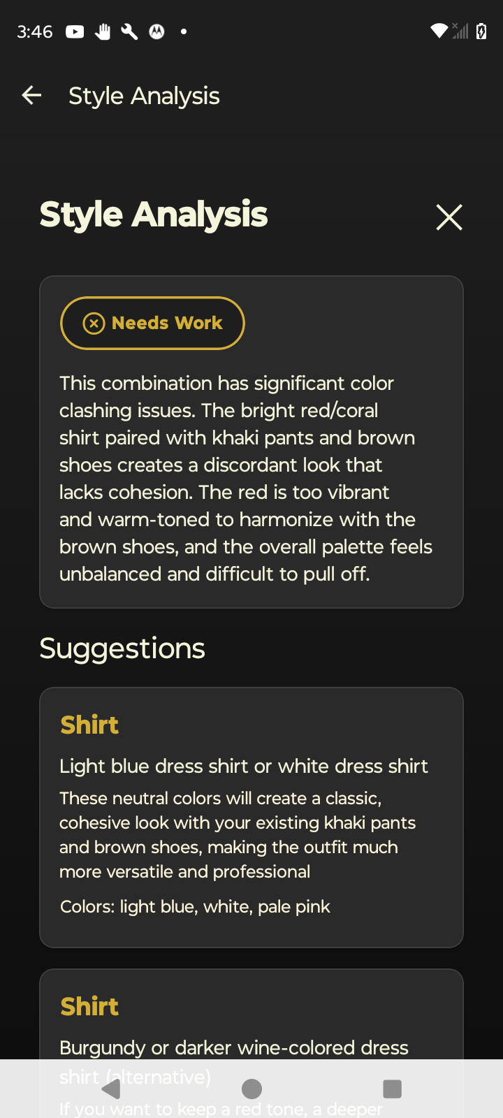 GAUGE app showing detailed style analysis with feedback and suggestions for improving outfit combinations