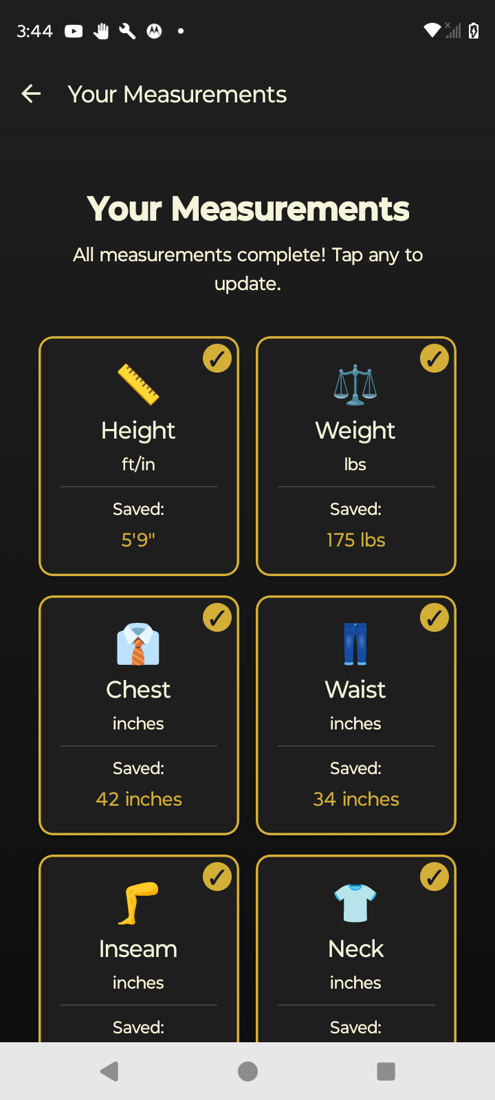 GAUGE app profile setup screen showing body measurements including height, weight, chest, waist, inseam, and neck measurements